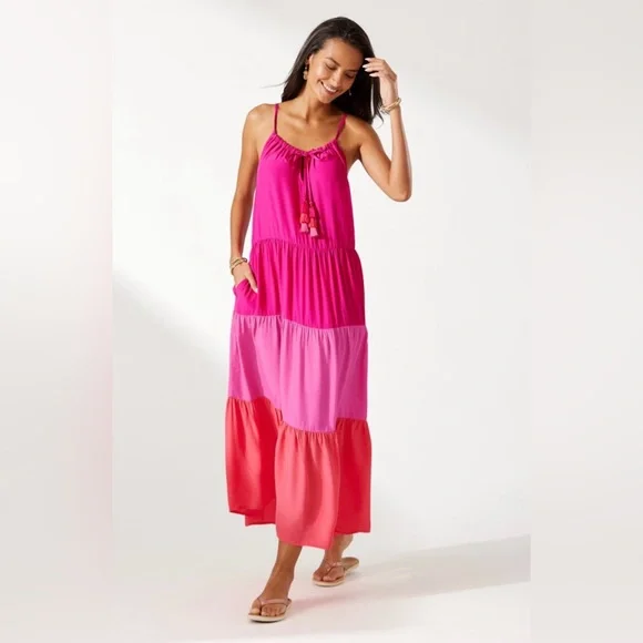 Tommy Bahama Women's Colorblock Midi Tiered Dress - Pink Maui - Size M